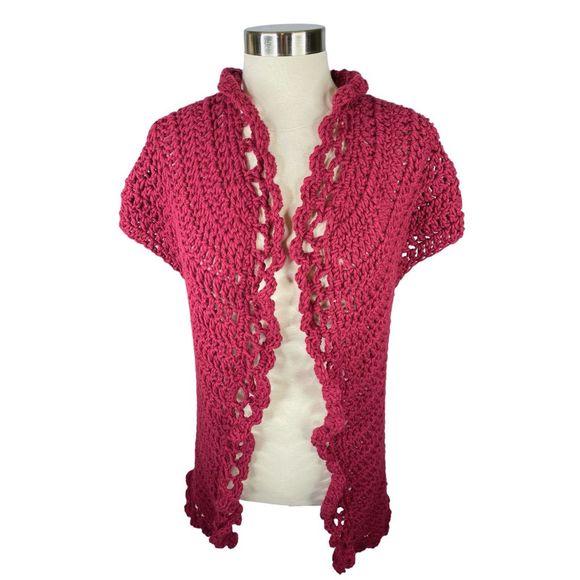 Handmade Burgundy Crocheted Cardigan - One Size - Picture 3 of 4